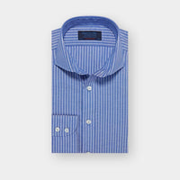 Contemporary Fit Dark Blue Stripe Cotton & Linen Blend Shirt with Cut-away Collar & Two Button Cuff