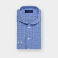 Contemporary Fit Navy & Sky Blue Grid Check Cotton Shirt with Cut-away Collar & Two Button Cuff