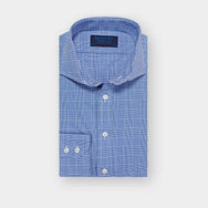 Contemporary Fit Mid Blue Prince of Wales Check Cotton Shirt with Cut-away Collar & Two Button Cuff