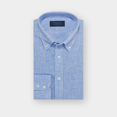 Contemporary Fit Plain Sky Blue Linen Shirt with Button Down Collar & Two Button Cuff