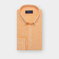 Contemporary Fit Plain Orange Linen Shirt with Button Down Collar & Two Button Cuff