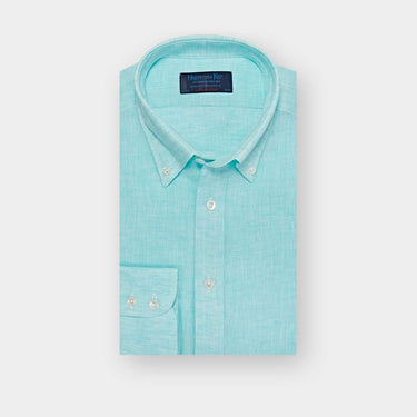 Contemporary Fit Plain Aqua Linen Shirt with Button Down Collar & Two Button Cuff