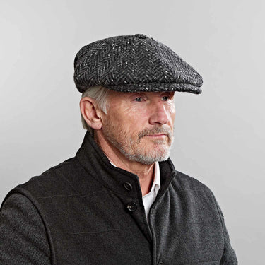Black & Grey Herringbone Donegal Tweed Wool Gatsby Cap