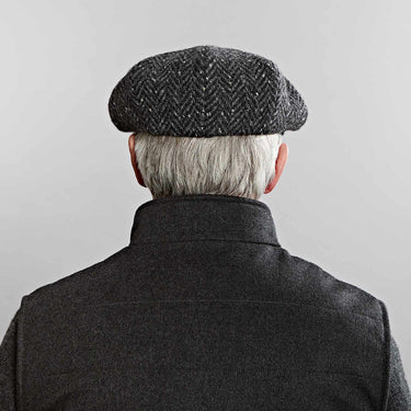 Black & Grey Herringbone Donegal Tweed Wool Gatsby Cap