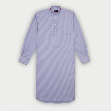 Blue Fine Bengal Stripe Cotton Twill Nightshirt with Red Piping