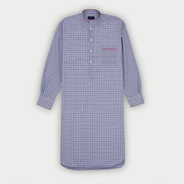 Blue & Navy Overcheck Cotton Nightshirt with Red Piping