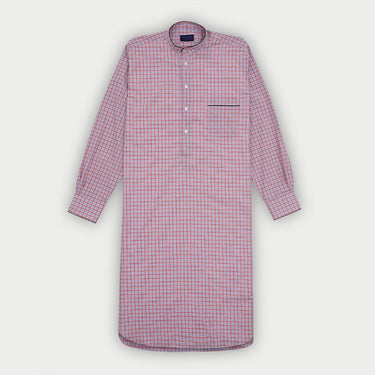 Blue & Red Overcheck Cotton Nightshirt with Navy Piping