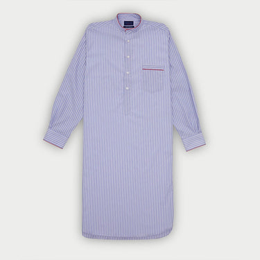 Blue Stripe End - on - End Sea Island Quality Cotton Nightshirt with Red Piping