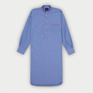 Blue & White Fine Stripe Sea Island Quality Cotton Nightshirt with Red Piping