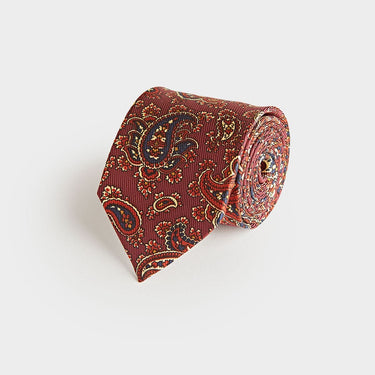 Burgundy Paisley Motif Printed Silk Tie