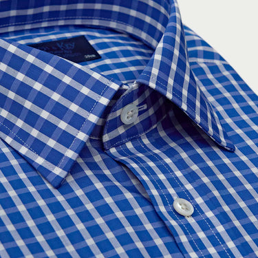 Classic Fit Dark Blue & White Wide Check Cotton Shirt with Classic Collar & Double Cuff