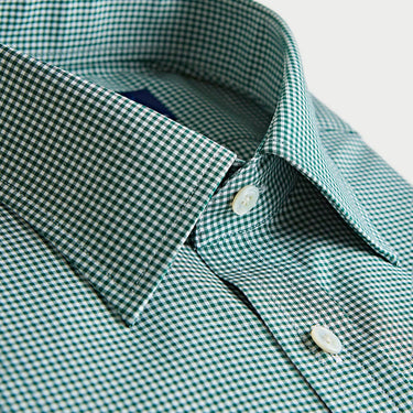 Classic Fit Green Small Gingham Check Cotton Shirt with Classic Collar & Two Button Cuff