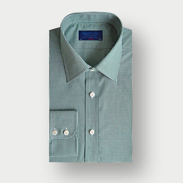Classic Fit Green Small Gingham Check Cotton Shirt with Classic Collar & Two Button Cuff