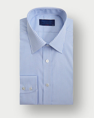 Classic Fit Light Blue Bengal Stripe Cotton Shirt with Classic Collar & Two Button Cuff