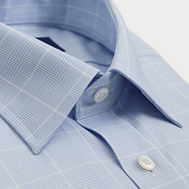 Classic Fit Light Blue Prince of Wales Check Cotton Shirt with Classic Collar & Double Cuff