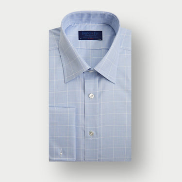 Classic Fit Light Blue Prince of Wales Check Cotton Shirt with Classic Collar & Double Cuff