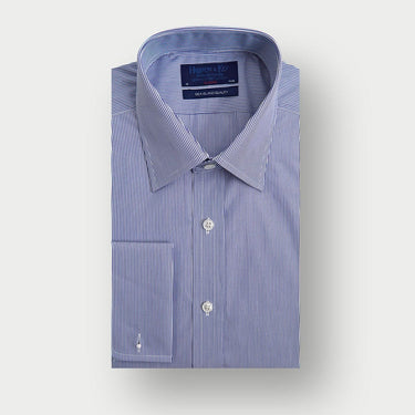 Classic Fit Navy Fine Bengal Sea Island Quality Cotton Shirt with Classic Collar & Double Cuff