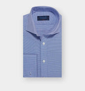 Classic Fit Navy Micro Houndstooth Cotton Shirt with Cut - away Collar & Double Cuff