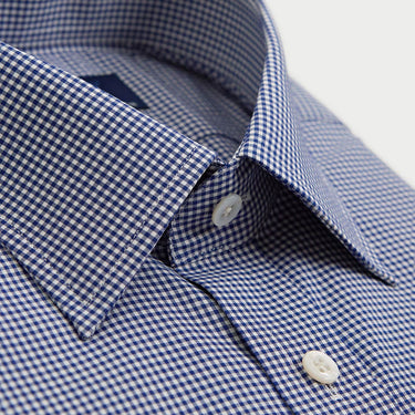 Classic Fit Navy Small Gingham Check Cotton Shirt with Classic Collar & Two Button Cuff