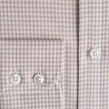 Contemporary Fit Beige Small Gingham Check Cotton Shirt with Button Down Collar & Two Button Cuff