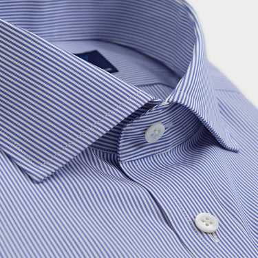 Contemporary Fit Blue Fine Bengal Stripe Cotton Shirt with Cut - Away Collar & Two Button Cuff