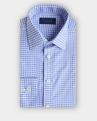Contemporary Fit Blue Gingham Check Cotton Twill Shirt with Classic Collar & Two Button Cuff