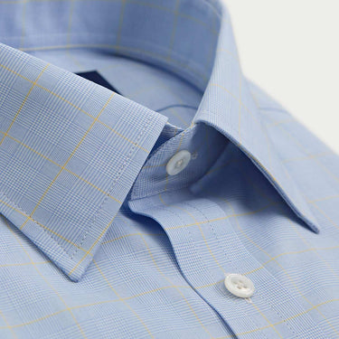 Contemporary Fit Blue & Yellow Prince of Wales Check Cotton Shirt with Classic Collar & Two Button Cuff