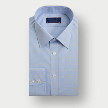 Contemporary Fit Blue & Yellow Prince of Wales Check Cotton Shirt with Classic Collar & Two Button Cuff