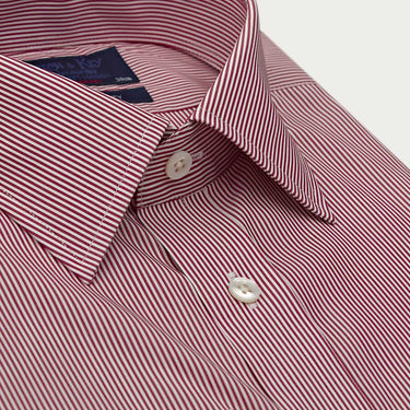 Contemporary Fit Burgundy Fine Bengal Stripe Sea Island Quality Cotton Shirt with Classic Collar & Double Cuff