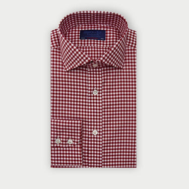 Contemporary Fit Burgundy Gingham Check Cotton Twill Shirt with Cut - Away Collar & Two Button Cuff
