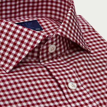 Contemporary Fit Burgundy Gingham Check Cotton Twill Shirt with Cut - Away Collar & Two Button Cuff