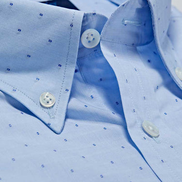 Contemporary Fit, Button Down Collar, 2 Button Cuff Shirt In Light Blue With Small Navy Cubes