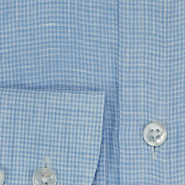 Contemporary Fit, Button Down Collar, 2 Button Cuff Shirt in Plain Blue Houndstooth Linen