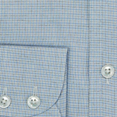 Contemporary Fit, Button Down Collar, 2 Button Cuff Shirt In White With Blue & Grey Micro Houndstooth