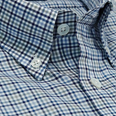 Contemporary Fit, Button Down Collar, 2 Button Cuff Shirt in White With Grey, Navy & Blue Overcheck