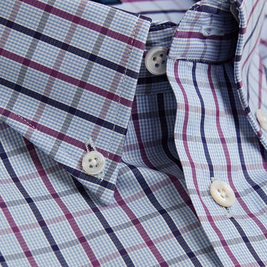 Contemporary Fit, Button Down Collar, Two Button Cuff Shirt In Blue & White With Cerise & Navy Overcheck