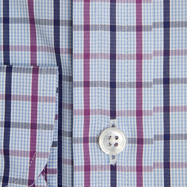 Contemporary Fit, Button Down Collar, Two Button Cuff Shirt In Blue & White With Cerise & Navy Overcheck