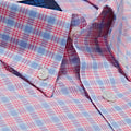 Contemporary Fit, Button Down Collar, Two Button Cuff Shirt In Blue With Pink Overcheck
