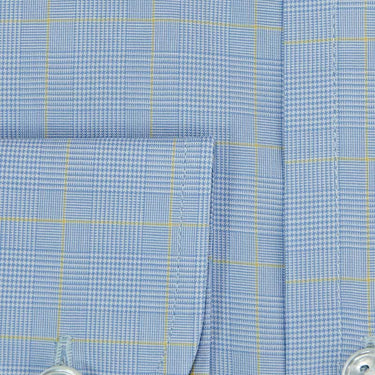 Contemporary Fit, Button Down Collar, Two Button Cuff Shirt In Blue With Yellow Line Overcheck