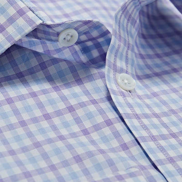 Contemporary Fit, Classic Collar, Double Cuff White With Purple & Navy Overcheck