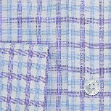 Contemporary Fit, Classic Collar, Double Cuff White With Purple & Navy Overcheck