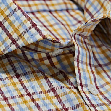 Contemporary Fit, Cut-away Collar, 2 Button Cuff Shirt in a Cream, Burgundy, Yellow & Blue Check Brushed Cotton