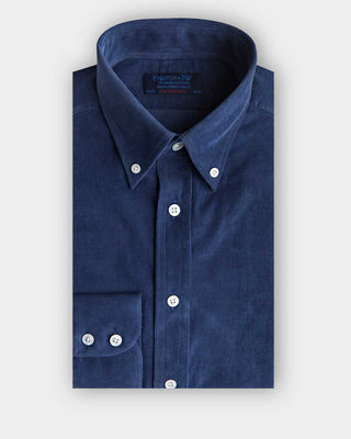 Contemporary Fit Dark Blue Fine Corduroy Shirt with Button Down Collar & Two Button Cuff