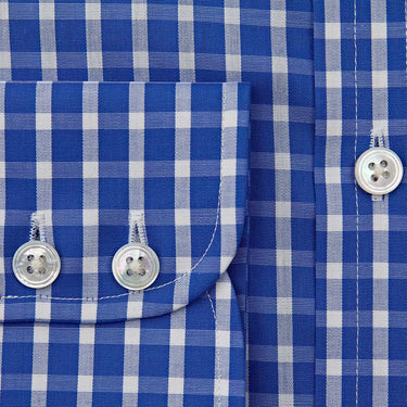 Contemporary Fit Dark Blue & White Wide Check Cotton Shirt with Cut - Away Collar & Two Button Cuff