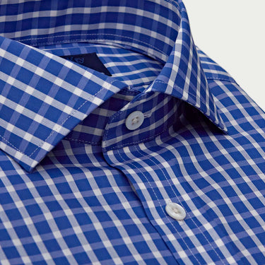 Contemporary Fit Dark Blue & White Wide Check Cotton Shirt with Cut - Away Collar & Two Button Cuff