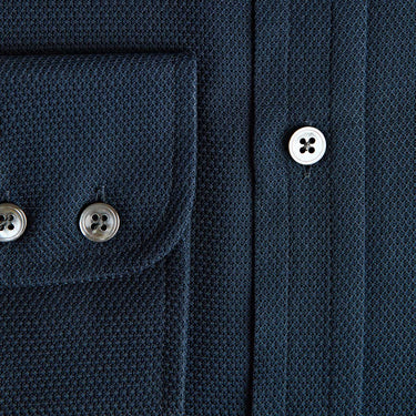 Contemporary Fit Honeycomb Navy Cotton Shirt with Cut - Away Collar & Two Button Cuff