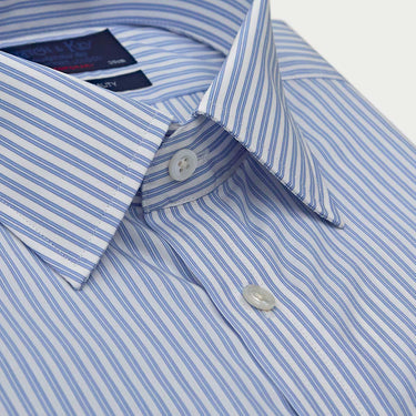 Contemporary Fit Light Blue Double Stripe Sea Island Quality Cotton Shirt with Classic Collar & Double Cuff