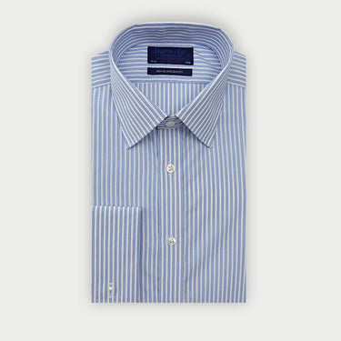 Contemporary Fit Light Blue Double Stripe Sea Island Quality Cotton Shirt with Classic Collar & Double Cuff