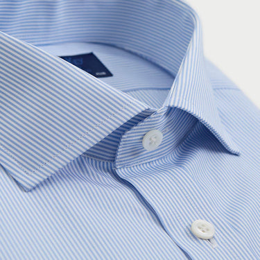 Contemporary Fit Light Blue Fine Bengal Stripe Cotton Shirt with Cut - Away Collar & Two Button Cuff