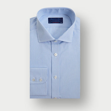 Contemporary Fit Light Blue Fine Bengal Stripe Cotton Shirt with Cut - Away Collar & Two Button Cuff